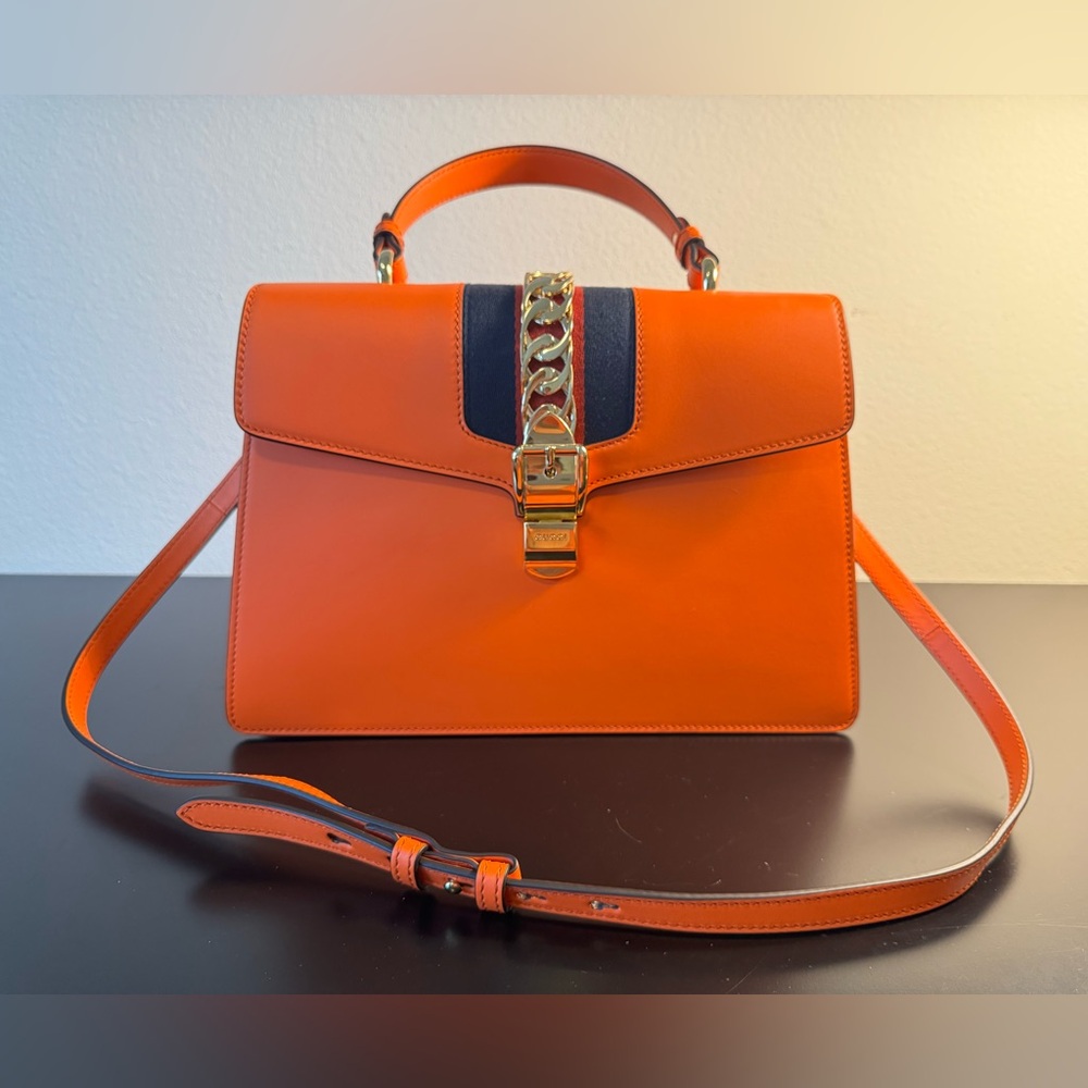 RARE Gucci Sylvie Medium 2WAY Leather Handbag – Orange – Like New